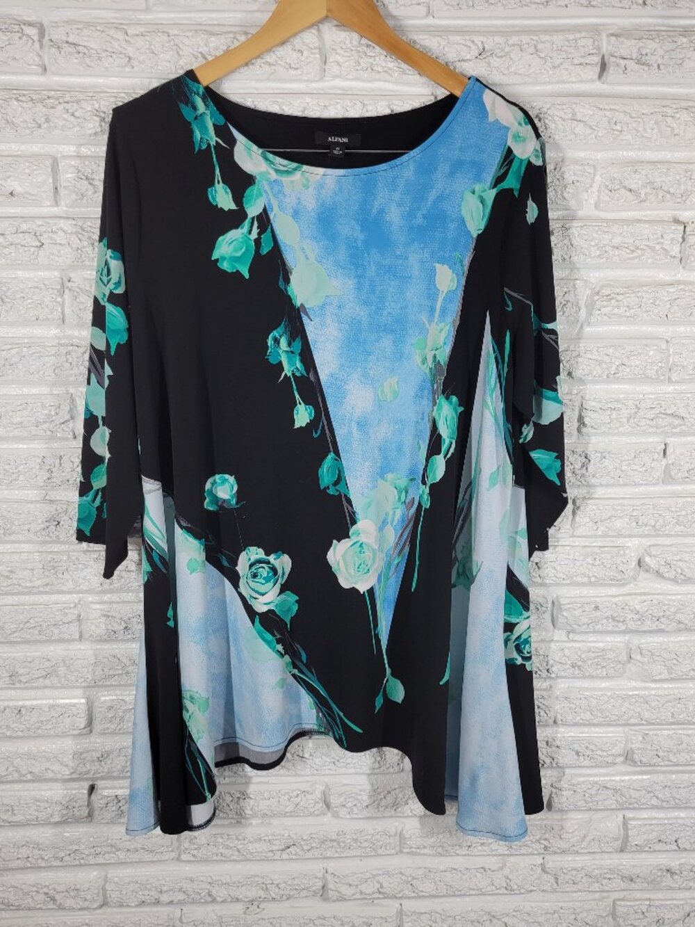 Alfani Asymmetric Tunic Womens 2X Black Blue Floral 3/4 Sleeve Casual FLO283E - Picture 1 of 11